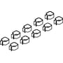 Illustration af 10 separate clips eller beslag, der passer til monteringen af gælleplader.