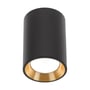 SpectrumLED CHLOE mini P20 loftslampe set skråt forfra med sort cylinder og tydelig guldfarvet ring.