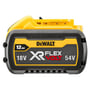 DeWalt XR FLEXVOLT batteri med 18V/12Ah eller 54V/4,0Ah, vist med tydelig mærkning af brand og specifikationer.