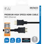 Deltaco Premium højhastigheds HDMI-kabel i sort på emballagen, hvor de to HDMI-stik og certificeringsmærket ses.