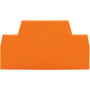 Detaljeret billede af Wago ende- og mellemplade i orange, 2,5 mm, med tydeligt Wago-logo præget i overfladen.