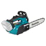 Makita DUC258Z LXT 18 V kædesav set tættere på fra siden med håndtag, kæde og batteriholder synlige.