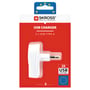 Forsiden af Skross-emballagen viser den hvide Euro USB-oplader med to USB Type-A-porte.