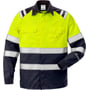 Front af Kansas Flame HiVis skjorte 124309 i gul og marineblå, med refleksdetaljer, brystlommer og skjulte trykknapper.