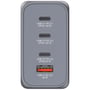 Nærbillede af Verbatim GNC-140 GaN opladerens porte: USB-C1 140W, USB-C2 100W, USB-C3 65W og USB-A 60W.