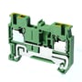 Omron grøn/gul ground DIN-skinne klemrække til 2,5 mm² kabel med push-in plus forbindelse, vist på hvid baggrund.