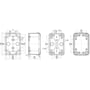 Tekniske tegninger af Schneider Electric Thalassa TBP kasse i polycarbonat, viser dimensioner og monteringselementer.