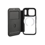 Det sorte 4smarts Urban Pro-flipcase til Apple iPhone 18 Pro og 17 Pro står åbent med kortlomme og magnetring synlige.