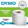 Rulle med hvide DYMO LabelWriter-etiketter på en grøn og hvid grafik om originale etiketter til LabelWriter.