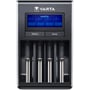 Varta LCD Dual Tech Charger batterioplader, vist direkte forfra med tydelig blå LCD-skærm og fire tomme opladningsslots.