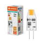 Ledvance LED PIN MICRO G4-lyskilde står ved siden af sin æske, hvor 1 W, 100 lm og 2700 K fremgår.