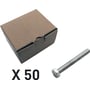 Nærbillede af en Cubic 6-kantet skrue uden skaft, der ligger ved siden af en lukket papkasse, indikerer antallet 'X 50' på grå baggrund.