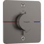 Hansgrohe ShowerSelect Comfort termostatbatteri i sort krom med firkantet design, 155x155mm, og synlige symboler for brusehoved og håndbruser.