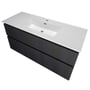 Sanibell Proline badeværelsesmøbel i sort eg med porcelænsvask, hanehul og overløb, med to skuffer.