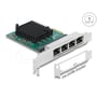 DeLock netværkskort med fire RJ45-porte vist sammen med en lavprofilbeslag til montering i kabinettet.