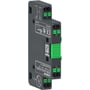 Schneider Electric hjælpekontakt med 2NO sluttekontakter, type L1/R1, med grønne fjederklemmer og mærkater, viser front og sidevisning.