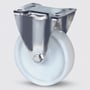 Tente fast hjul i polyamid med Ø125 mm, 250 kg, glideleje og rustfri plade, præsenteret mod en lys grå baggrund med skygge.