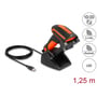 DeLock 1D/2D barcode scanner med USB-kabel og ladestation, komplet med ikoner for 1D/2D, 2.4 GHz, Bluetooth og LED.