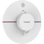 Hansgrohe ShowerSelect Comfort termostatbatteri i hvid mat finish med ø155mm diameter og tydelig 40°C markering. Centreret greb med Hansgrohe logo og Select knap.