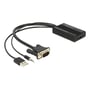 Delock VGA-til-HDMI-adapter med lyd i sort, set skråt fra oven med VGA-stik, HDMI-udgang, USB-stik og lydstik.