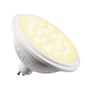 SLV QPAR111 GU10 smart LED-lyskilde med hvid krop, lysende gul front og synlig GU10-fatning set skråt forfra.