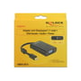 Pakke med DeLock adapter, der viser illustration af sort adapter med mini DisplayPort til VGA og angiver understøttelse for lyd og strøm på en gul baggrund.