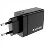 Sort Verbatim CHR-30EU1 USB-vægoplader på 30 W set fra stikenden med europæisk stik og logo på siden.