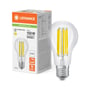 LEDVANCE LED-standardpære med E27-sokkel står ved sin emballage, hvor 4000 K og dæmpbar funktion fremgår.