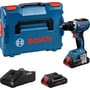 Bosch GSR 18V-65 Professional bore-/skruemaskine med tilbehør, herunder blå Bosch L-BOXX, oplader og ProCORE 4.0Ah batteri.