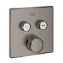 Grohe Grohtherm SmartControl termostatbatteri i antracit med to trykknapper til henholdsvis brus og kar samt et drejehjul til temperaturstyring.