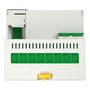 Schneider Electric SpaceLogic KNX DALI-gateway set bagfra med grønne tilslutningsklemmer og gul monteringsclips.
