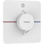 Hansgrohe ShowerSelect Comfort termostatbatteri i hvid firkantet design, viser 40°C og 'eco' mærkat.