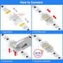 Instruktionsgrafik til slim RGB-samler til 10 mm LED-strip, der viser tilslutning, polaritet og låsning.