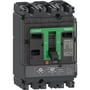 Schneider Electric ComPacT NSX160H maksimalafbryder med tre poler, fastmonteret med grønt håndtag til off-position og tydelig mærkning af funktioner.