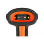 Nærbillede af DeLock barcode scannerens scanningselement med laser og lyssensorer, omgivet af orange kant.