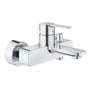 Grohe Lineare kar- og brusearmatur i skinnende krom med etgrebsbetjening og drejelig tud, monteret på vægplade.