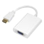 Deltaco HDMI-til-VGA-adapterens hvide kabel, HDMI-stik og blå VGA-tilslutning ses tæt på.