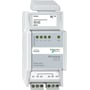 Frontvisning af Schneider Electric KNX binær indgang REG-K/4x24, der viser mærkat med modelnavn, BUS/Prog LED, fire statusindikatorer E1-E4 og skrueterminaler til tilslutning af 24V enheder.