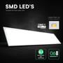 V-TAC 1200x300mm LED panel med CREE LED's, der viser 'Instant Start-up' og 2-i-1 monteringsmulighed (indbygget eller overflademonteret).