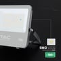 V-TAC LED-projektør med Cree-chip vist sammen med grafik om LED-dioder og lysudbytte på 185 lm/W.