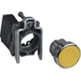 Schneider Electric gul komplet trykknap med 22mm diameter og 1NO kontakttype, vist med separat tryk og monteringsenhed.