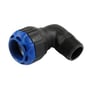 Isiflo SPRINT vinkel 90° med 40mm push-in kobling og 1 1/4" RG nippel, fremstillet i sort komposit med blå koblingsring.