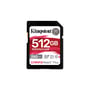 Kingston Canvas React Plus 512GB SDXC UHS-II hukommelseskort set fra en let vinkel, fremhæver designet og hastighedssymbolerne.
