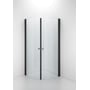 Contura Shower Space buet svingdør i klart glas og matsort profil, vist som del af en buet bruseafskærmning.
