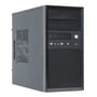 Chieftec CT-01B-OP matx computer kabinet set skråt fra siden, med fokus på frontpanel og ventilation, sort.