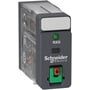Schneider Electric Harmony RXG stikbensrelæ med 5A, 120 VAC, 2 C/O kontakter, grå plast, med grøn LED og testknap.