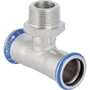 Geberit Mapress tee med 3/8" udvendigt gevind og 15mm pres-tilslutning i rustfrit stål.