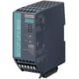 Detaljeret frontvisning af Siemens Sitop DCUPS1600 24V/20A nødstrømsforsyning med statusindikatorer og mærkninger.