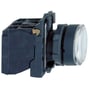 Sidevisning af Schneider Electric XB5AW31M5 lampetryk med sort bagmontering og 22mm diameter, hvid trykknap.