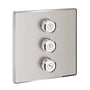 Grohe Grohtherm SmartControl ventiloverdel i børstet stål med tre runde greb og symboler for bruser og håndbruser.